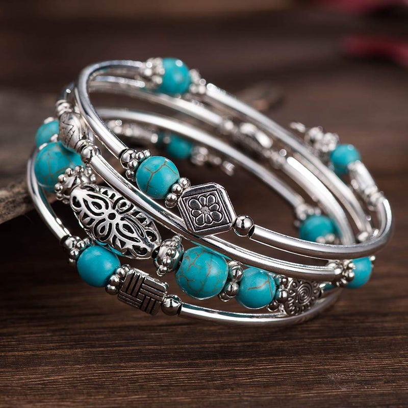 BULINLIN Layered Wrap Bangle Turquoise Bracelet - Bead Bracelet with Natural Agate Stone, Gifts For Women (01-Turquoise) - Image 2